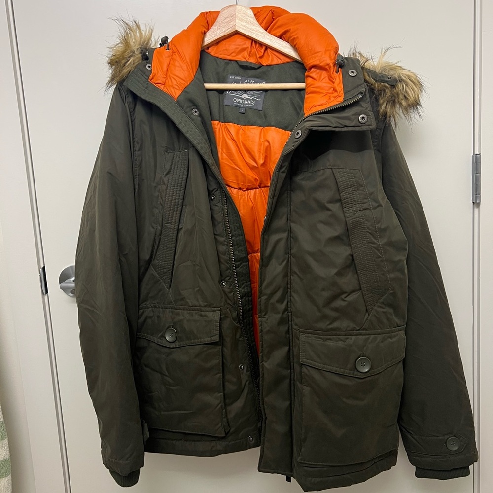 Jack & Jones Men’s Green Parka Jacket Size L Fur Hood Water Resistant